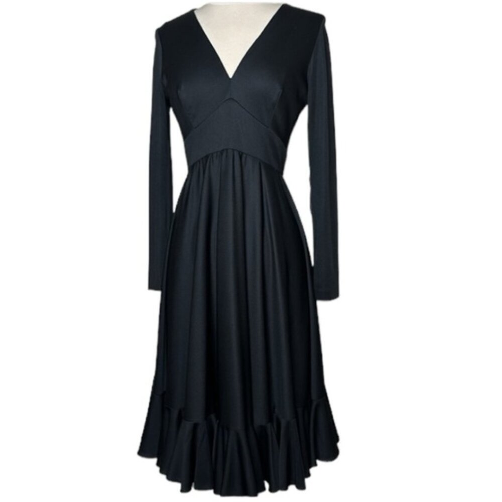 VTG 70’s Cirrette Dress Black Sz S Deep V Disco 80s Ruffle Hem Poly Knit Sm MINT